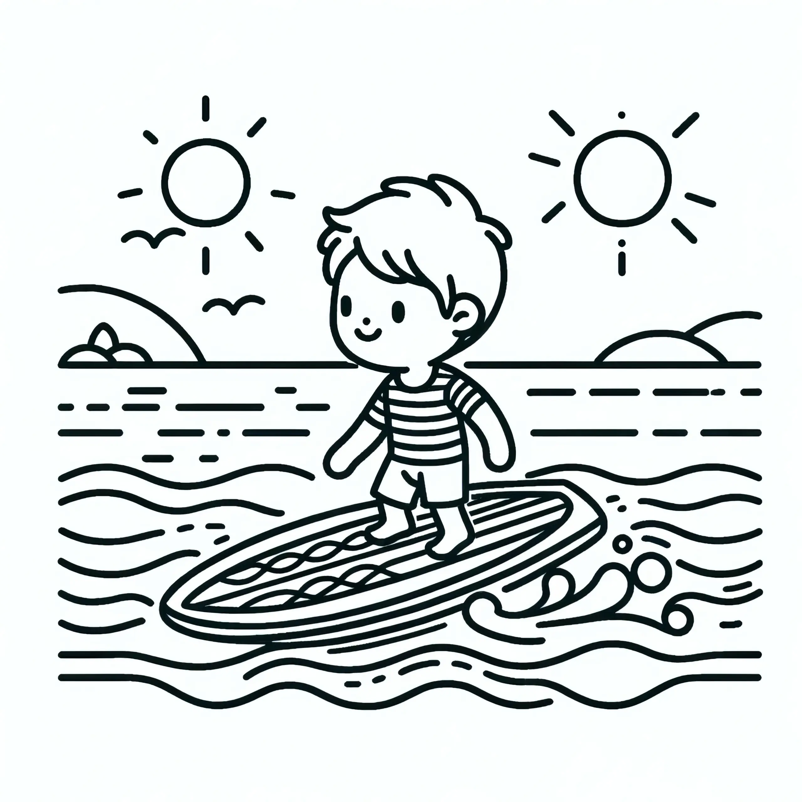 Kleines Kind auf Surfbrett: Einfache Malvorlage (Gratis) (Ausmalbild)