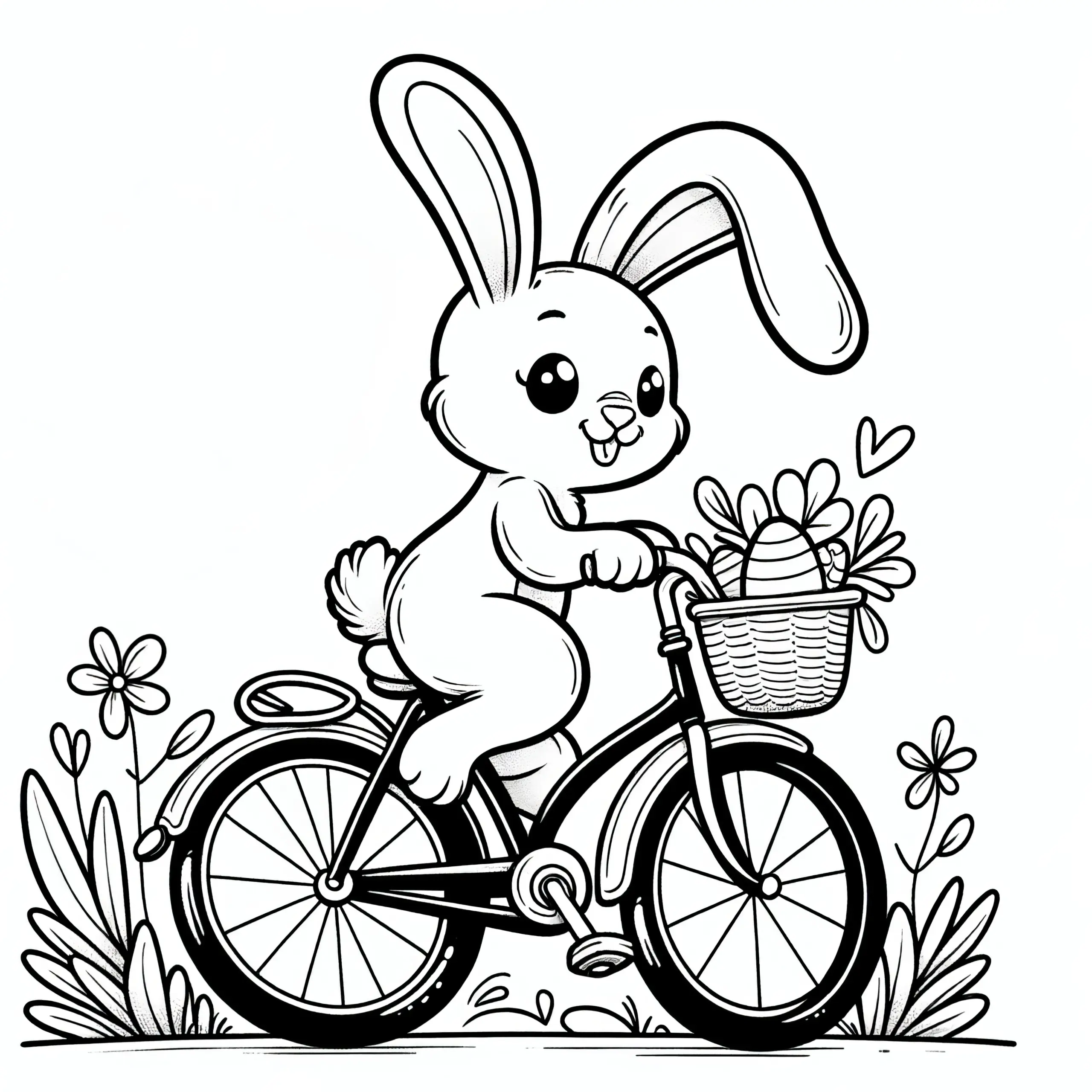 Kleines Osterhäschen mit Fahrrad: Niedliches Osterbild zum Herunterladen (Gratis) (Ausmalbild)