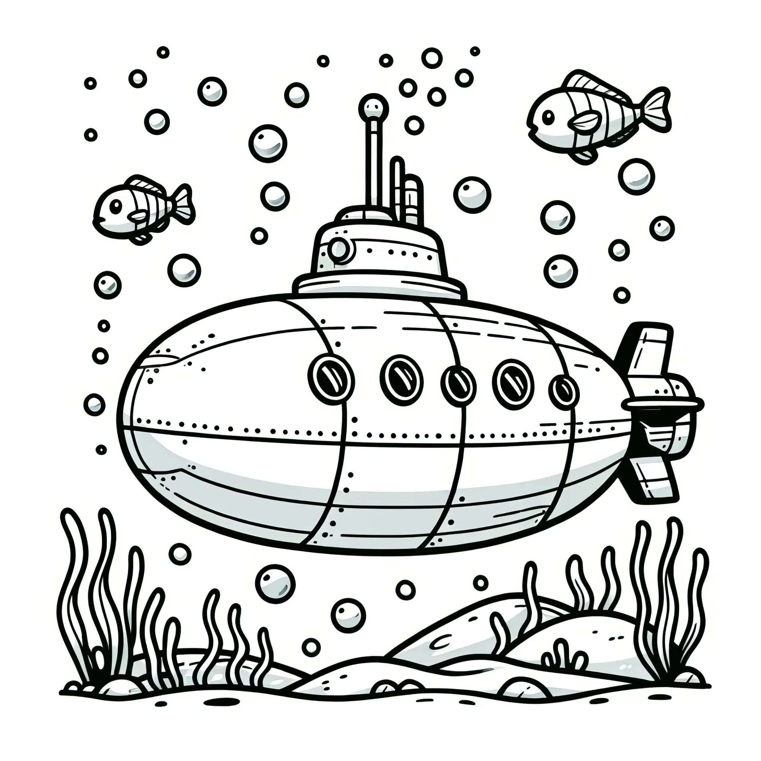 Kleines U-Boot: Unter Wasser mit Fischen als Ausmalbild (Kostenlos)