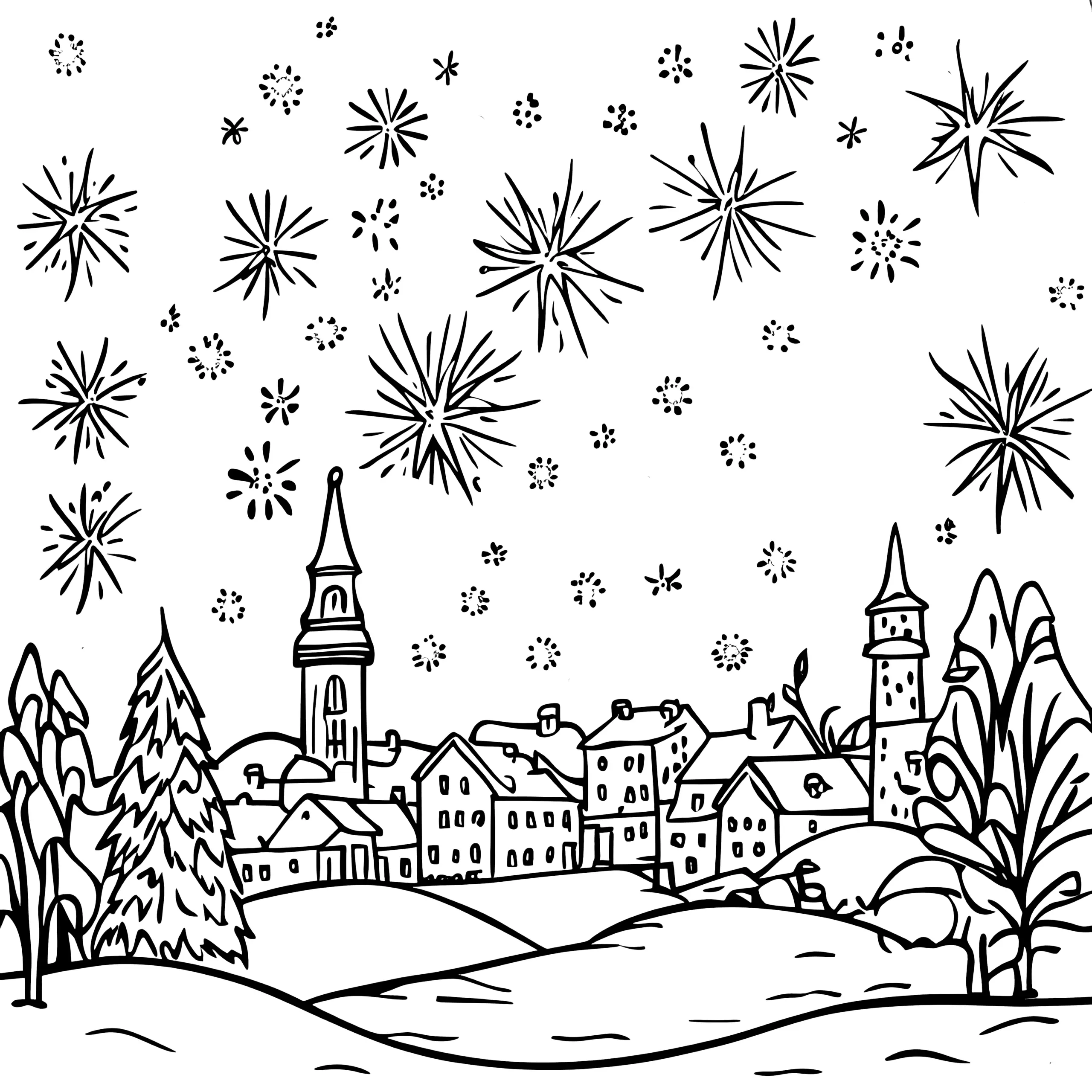 Kleinstadt-Feuerwerk an Silvester als Malvorlage (Ausmalbild)