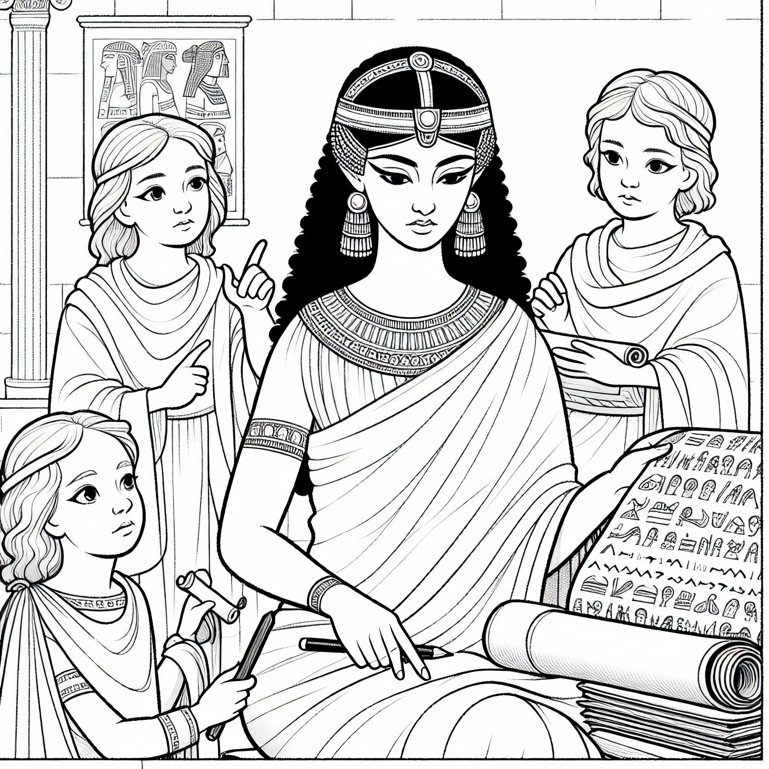 Kleopatra mit Schriftrollen – Malvorlage historischer Frauenfiguren kostenlos (Ausmalbild)
