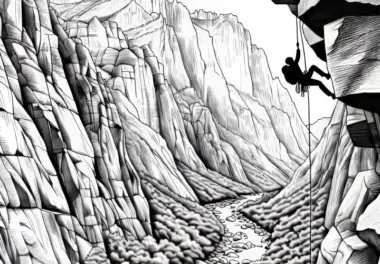 Kletterer an steiler Felswand eines Canyons – Ausmalbild kostenlos