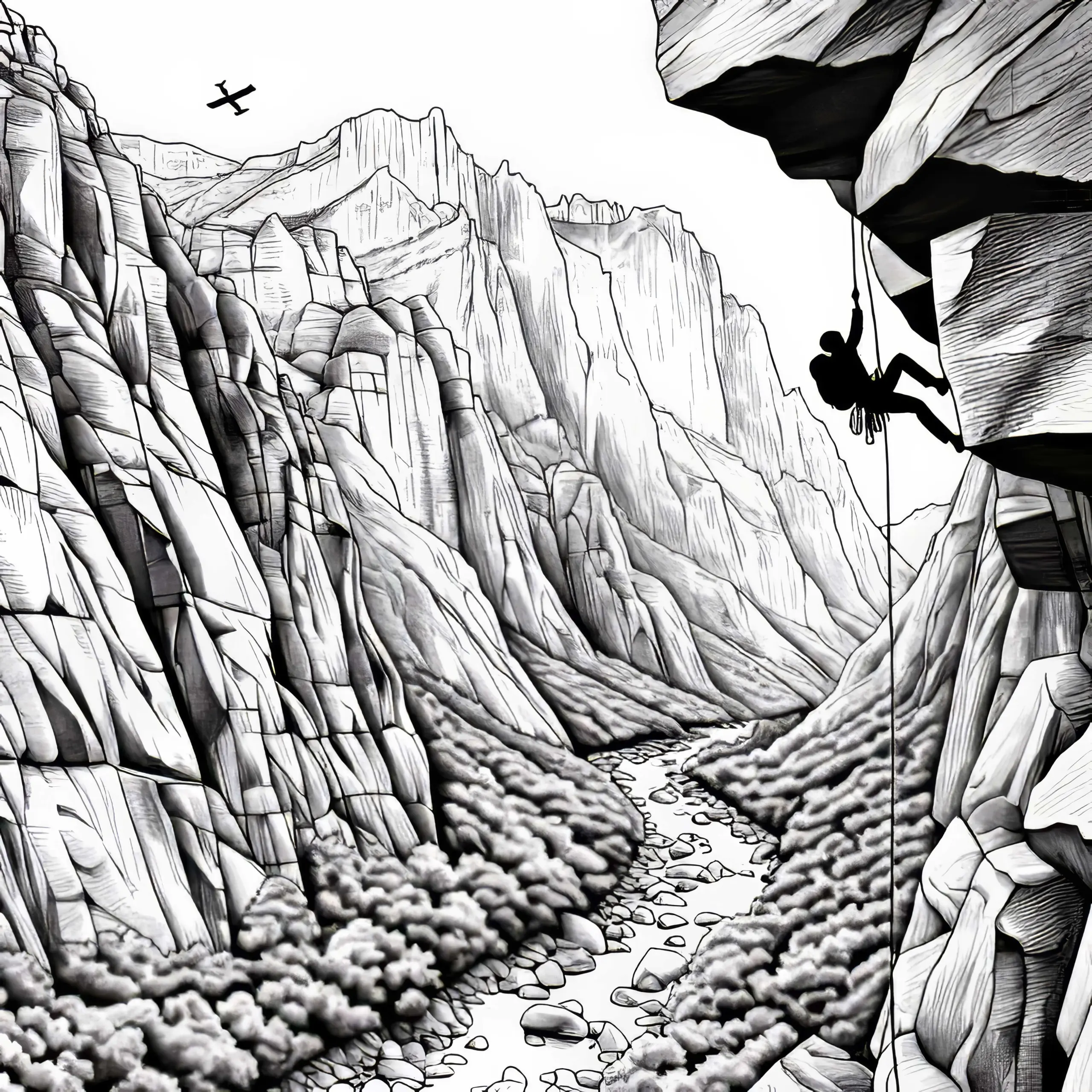 Kletterer an steiler Felswand eines Canyons – Ausmalbild kostenlos