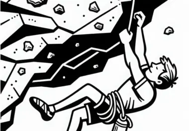 Kletterer hängt an schwieriger Überhangroute – Malvorlage kostenlos