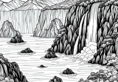 Klippe mit Wasserfall, der ins Meer fällt – Ausmalbild kostenlos