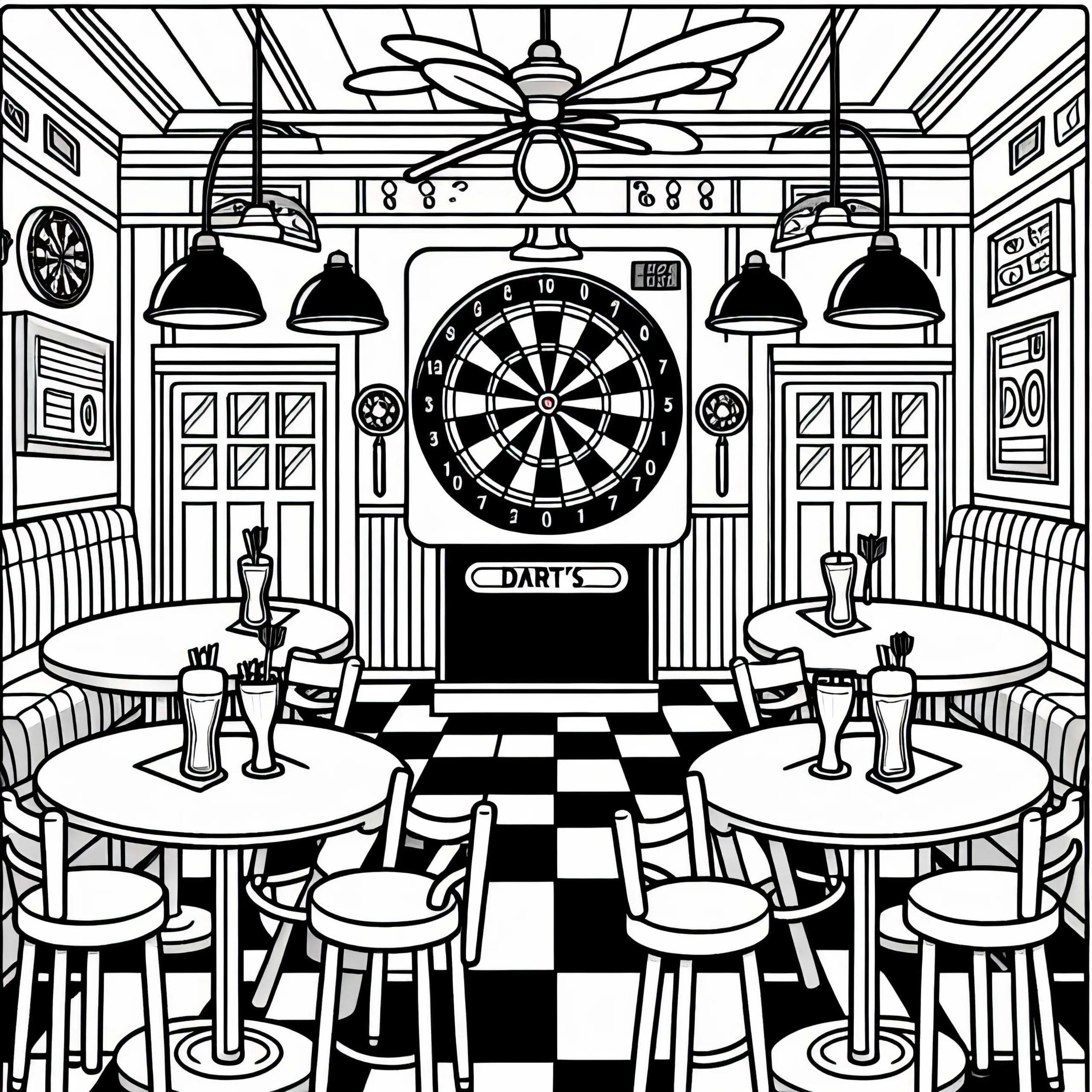 Kneipenraum mit Dartsspiel – Ausmalbild gratis
