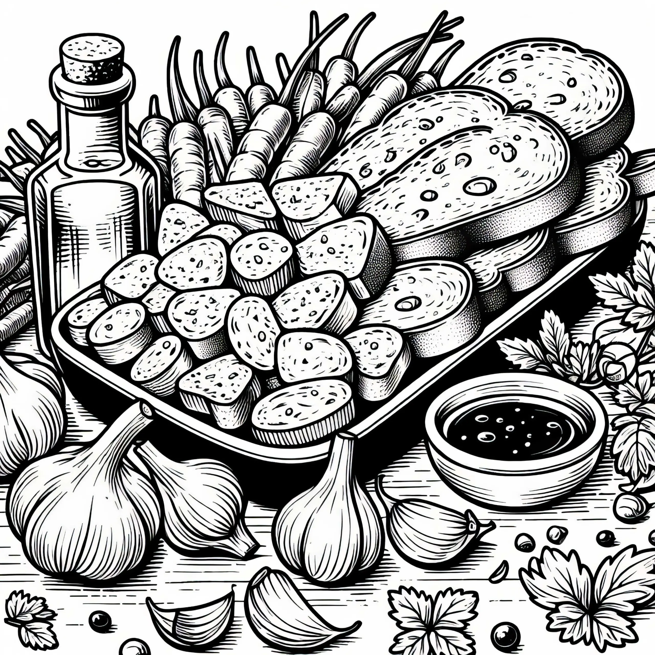 Knoblauchbrot als Beilage zum Essen – Malvorlage Kostenlos (Ausmalbild)