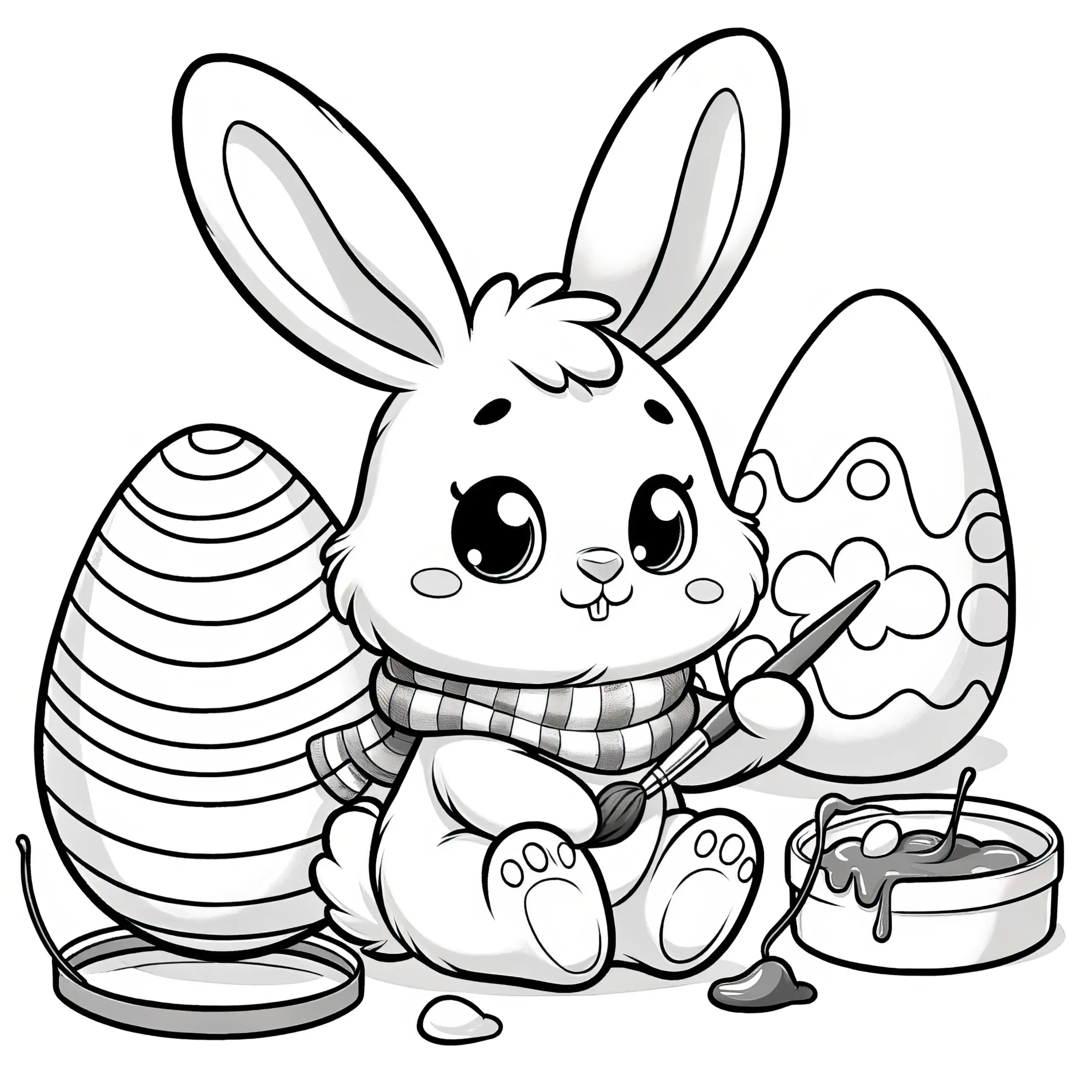 Knuffiger Osterhase bemalt Ostereier: Bild zum Ausdrucken (Gratis) (Ausmalbild)