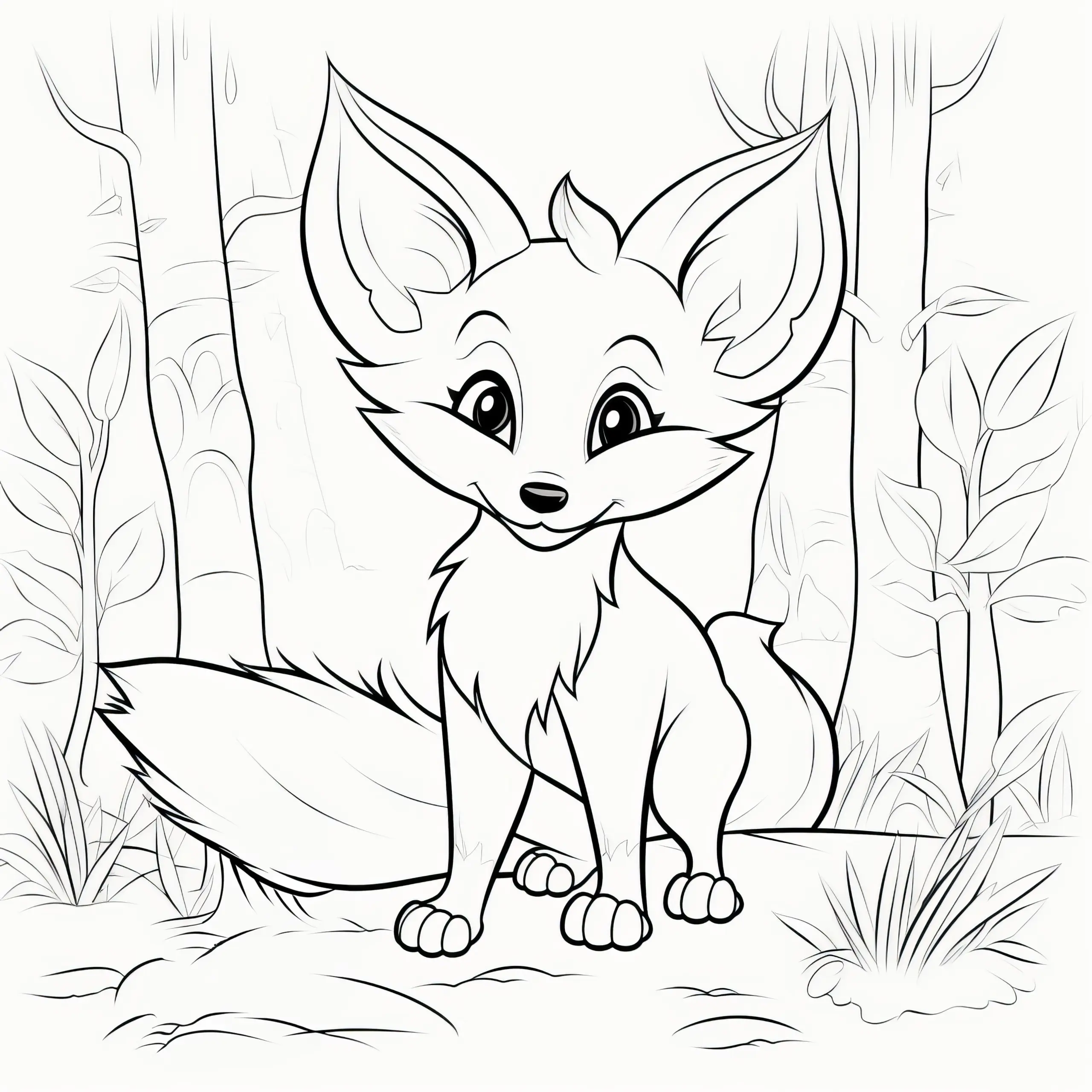 Knuffiges Fuchskind im Wald: Malvorlage für Kinder (Gratis) (Ausmalbild)