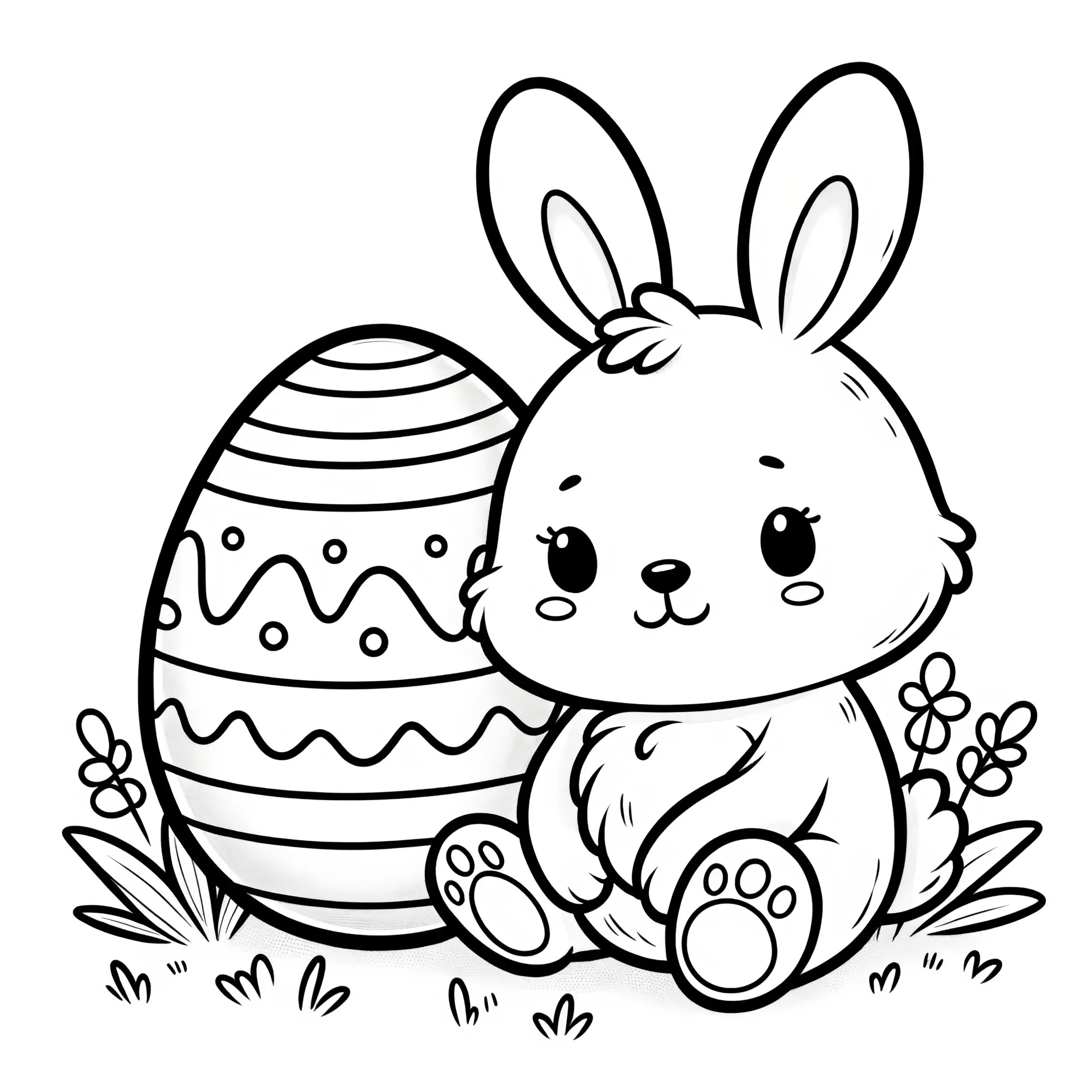 Knuffiges Osterhäschen neben Osterei als Ausmalbild (Kostenlos)
