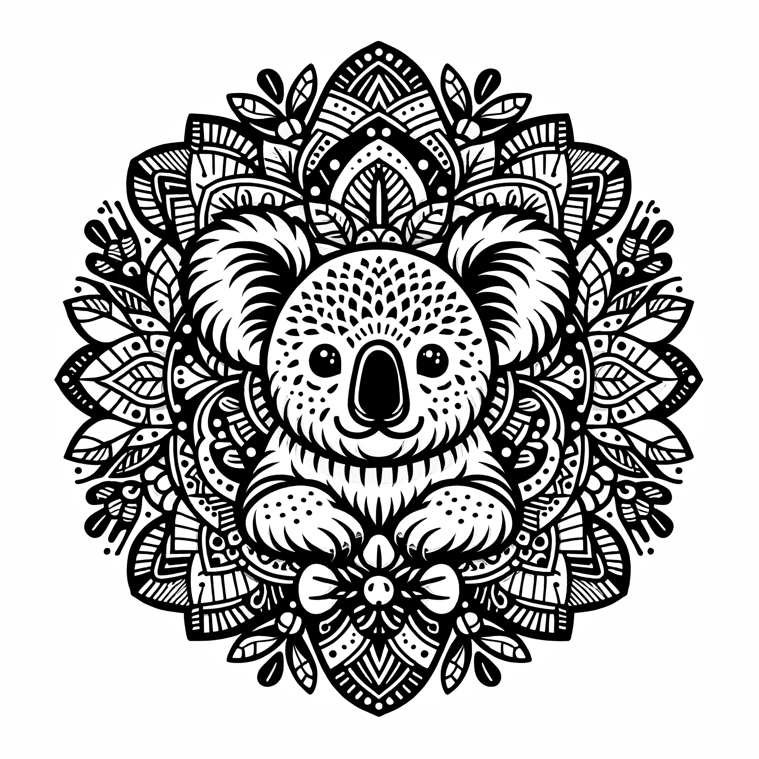 Koala-Mandala komplex: Gratis zum Ausmalen (Ausmalbild)