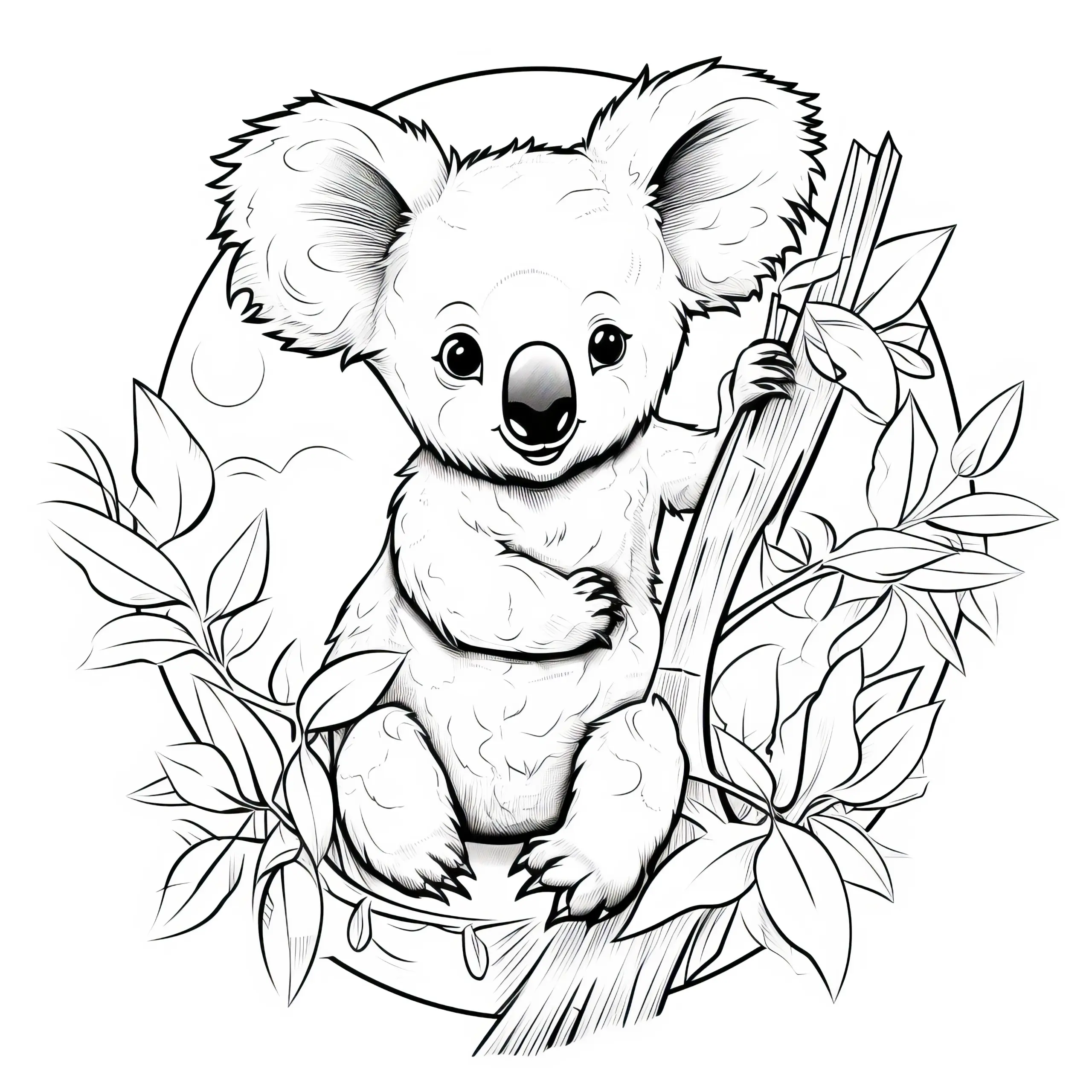 Koala sitzt im Eukalyptusbaum: Malvorlage zum Herunterladen (Ausmalbild)