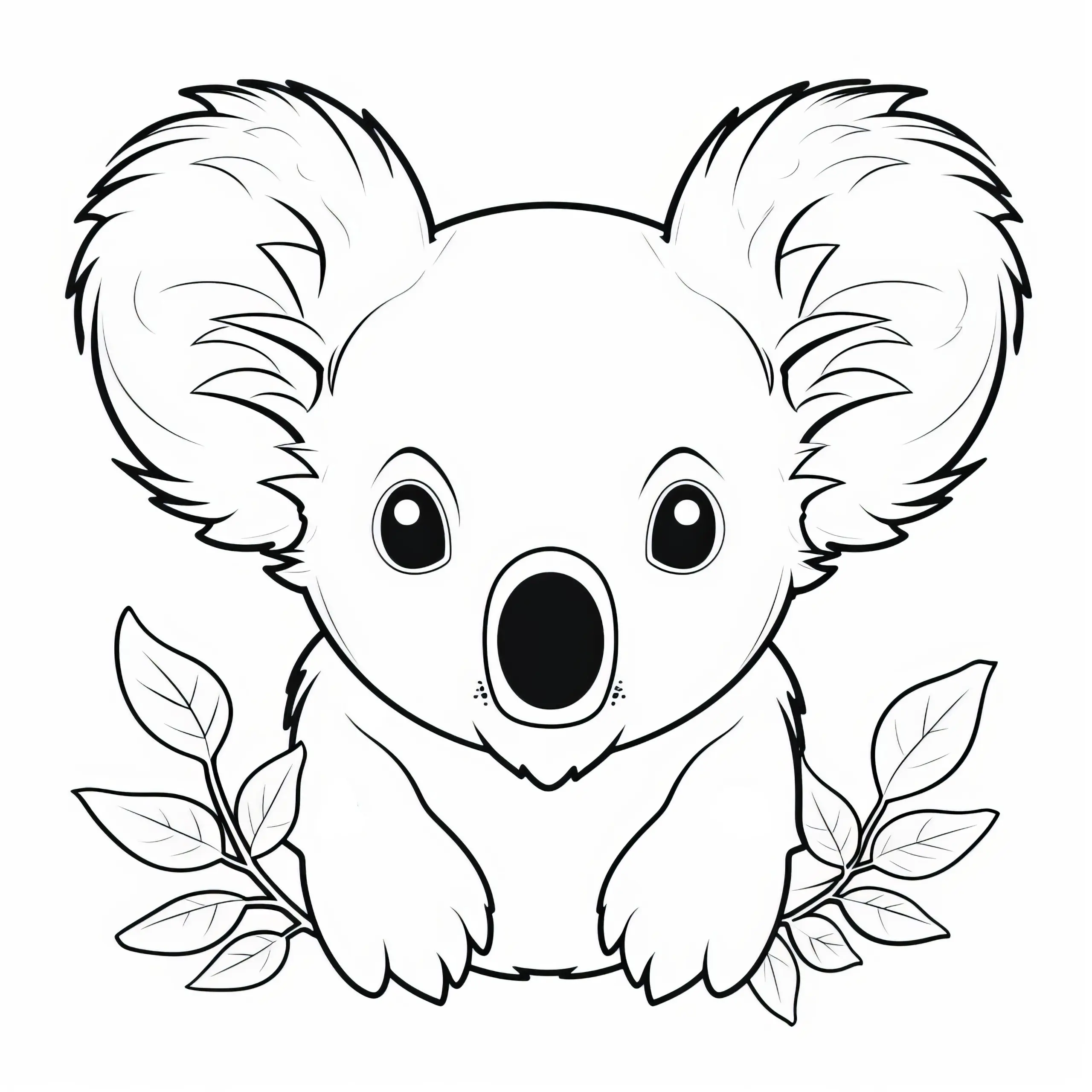 Koala sitzt zwischen Eukalyptuszweigen: Einfaches Ausmalbild für Kinder (Kostenlos)