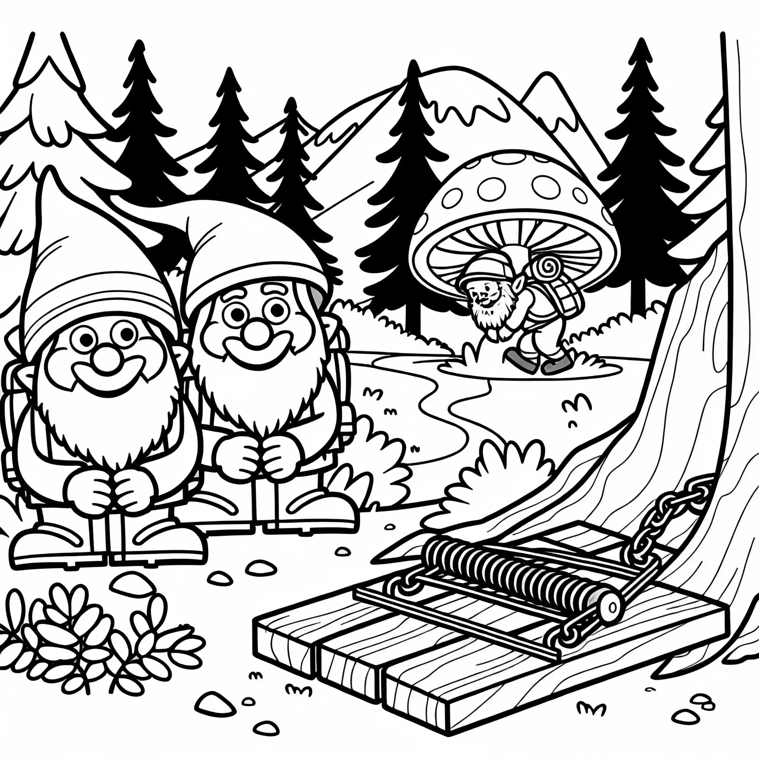 Kobolde im Wald stellen Falle auf: Ausmalbild zum Herunterladen (Kostenlos)