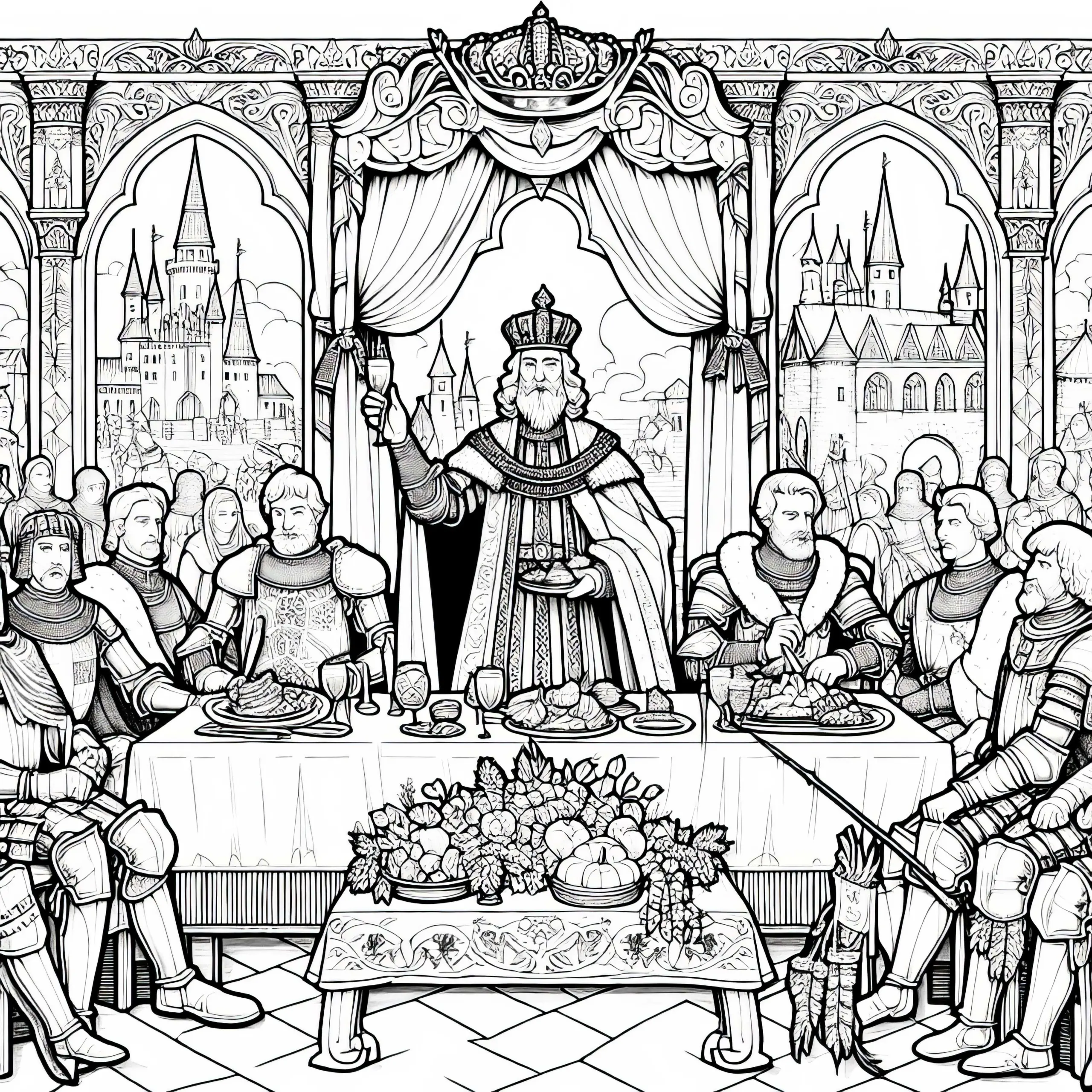 König feiert großes Bankett mit Rittern und Bürgern: Detaillierte Malvorlage (Gratis) (Ausmalbild)