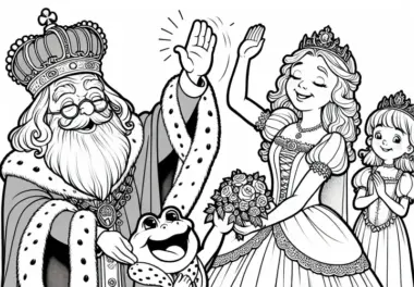 König gibt Segen für die Hochzeit – Ausmalbild Froschkönig kostenlos