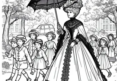 Königin Victoria mit Regenschirm beim Spaziergang durch den Park – Ausmalbild historischer Frauenfiguren kostenlos