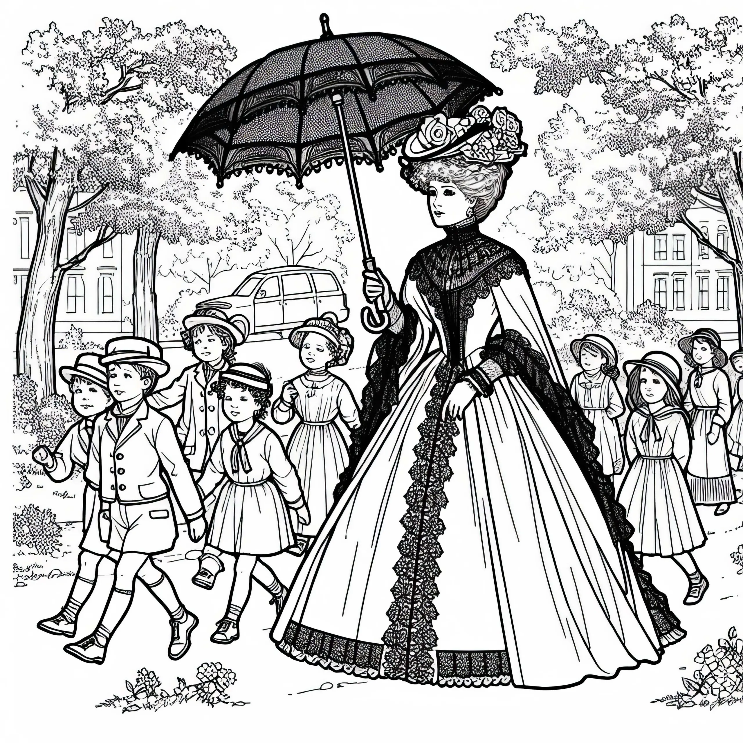 Königin Victoria mit Regenschirm beim Spaziergang durch den Park – Ausmalbild historischer Frauenfiguren kostenlos