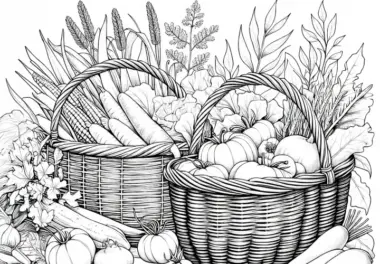 Körbe mit Gemüse eines Bauern – Malvorlage detailreich und gratis