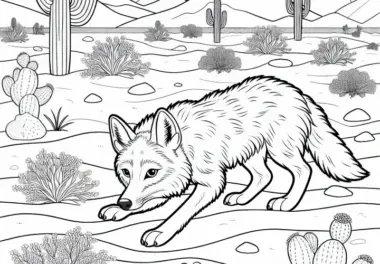Kojote schleicht vorsichtig durch trockene Wüstenlandschaft – Ausmalbild gratis