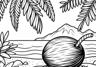 Kokosnuss liegt auf dem Boden einer Insel – Ausmalbild gratis