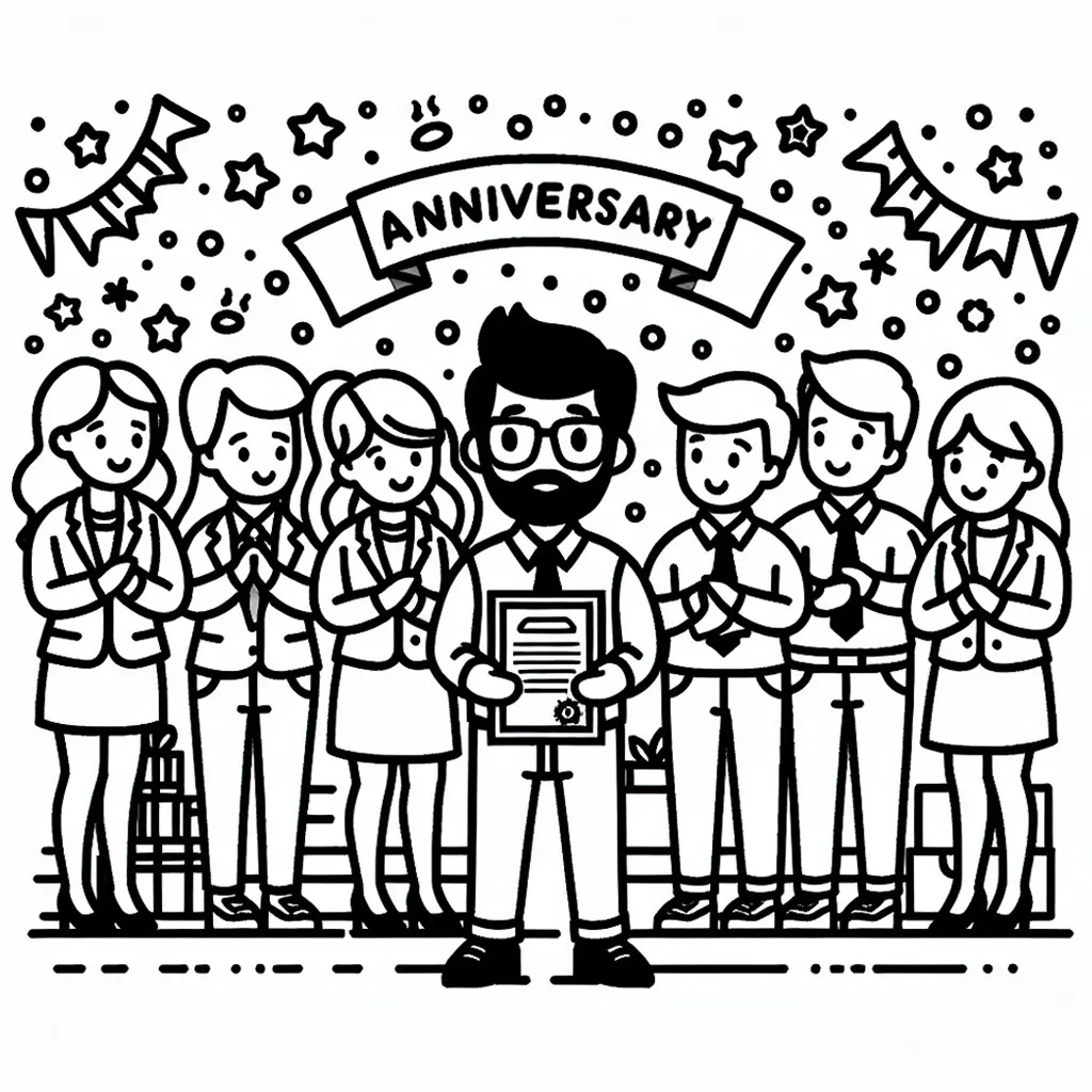 Kollegen gratulieren Mitarbeiter zum Arbeitsjubiläum: Gratis Malvorlage (Ausmalbild)