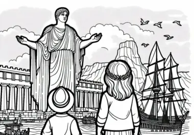 Koloss von Rhodos über Hafen – Malvorlage Weltwunder gratis