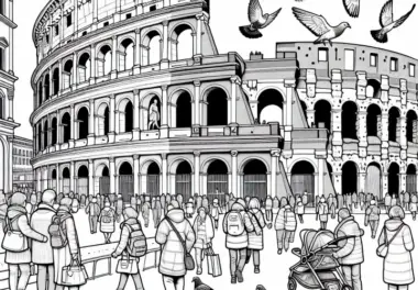 Kolosseum in Rom, Italien mit Tauben und Touristen – Ausmalbild für Europa