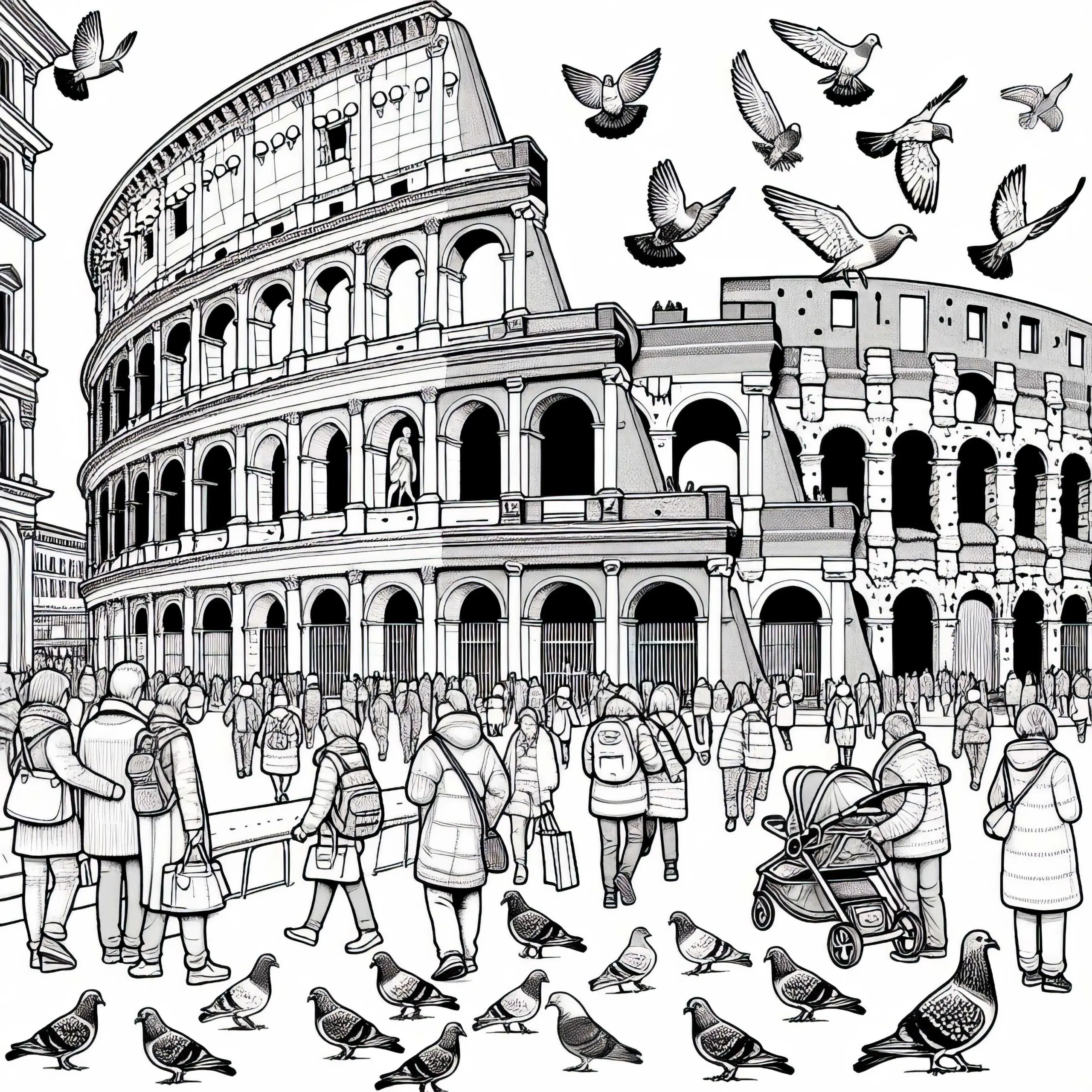 Kolosseum in Rom, Italien mit Tauben und Touristen – Ausmalbild für Europa
