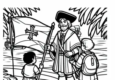 Kolumbus zeigt Kindern Flagge – Malvorlage zur Entdeckung Amerikas kostenlos