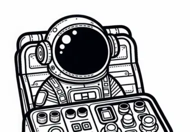 Kontrollpult mit Schaltern und Anzeigen in einer Rakete – Ausmalbild einfach kostenlos