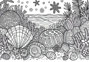 Korallenstrand mit Muscheln – Ausmalbild für Australien und Ozeanien kostenlos