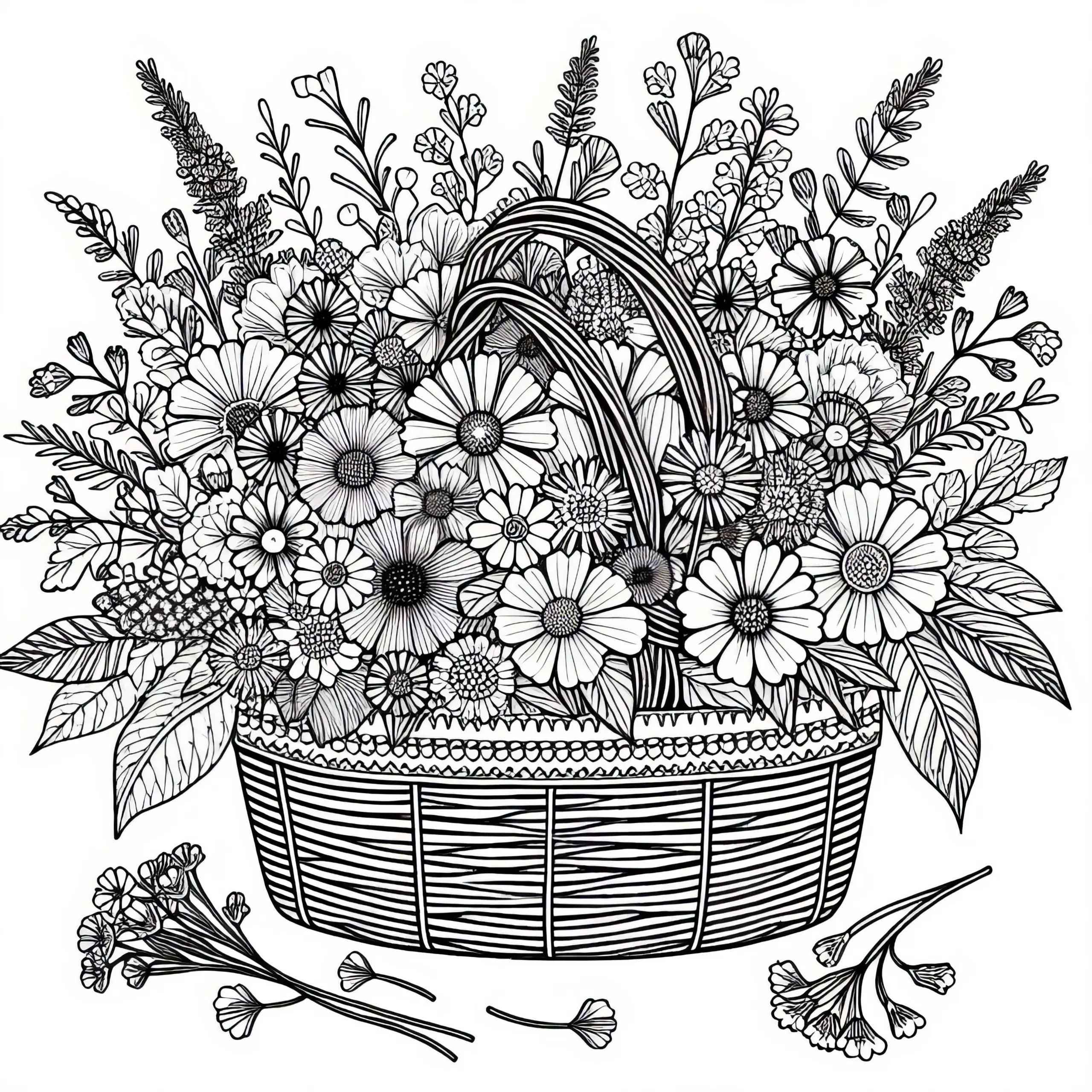 Korb mit frisch gepflückten Wildblumen – Malvorlage kostenlos (Ausmalbild)