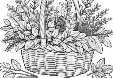 Korb mit frischen Kräutern Malvorlage für den Kräutergarten kostenlos