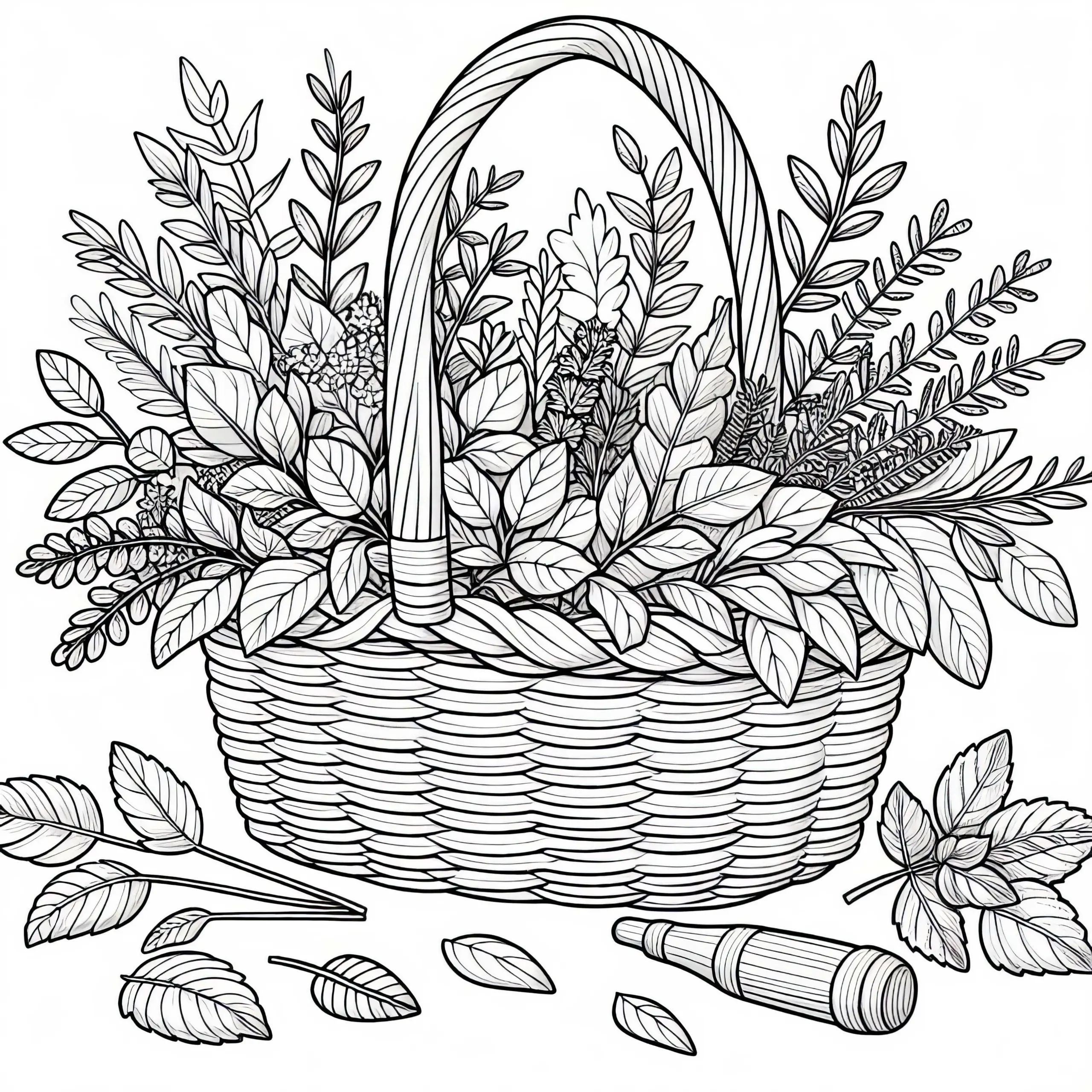 Korb mit frischen Kräutern Malvorlage für den Kräutergarten kostenlos (Ausmalbild)