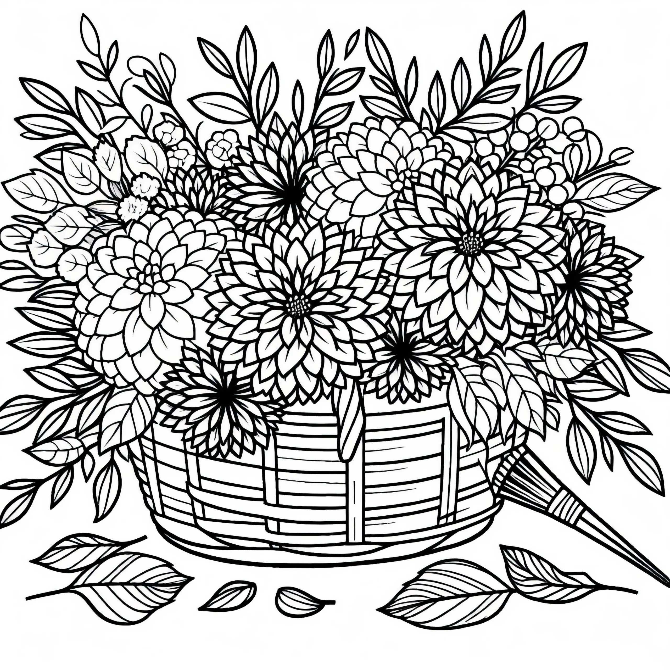 Korb voller geschnittener Dahlien – Malvorlage für Herbstblumen gratis (Ausmalbild)