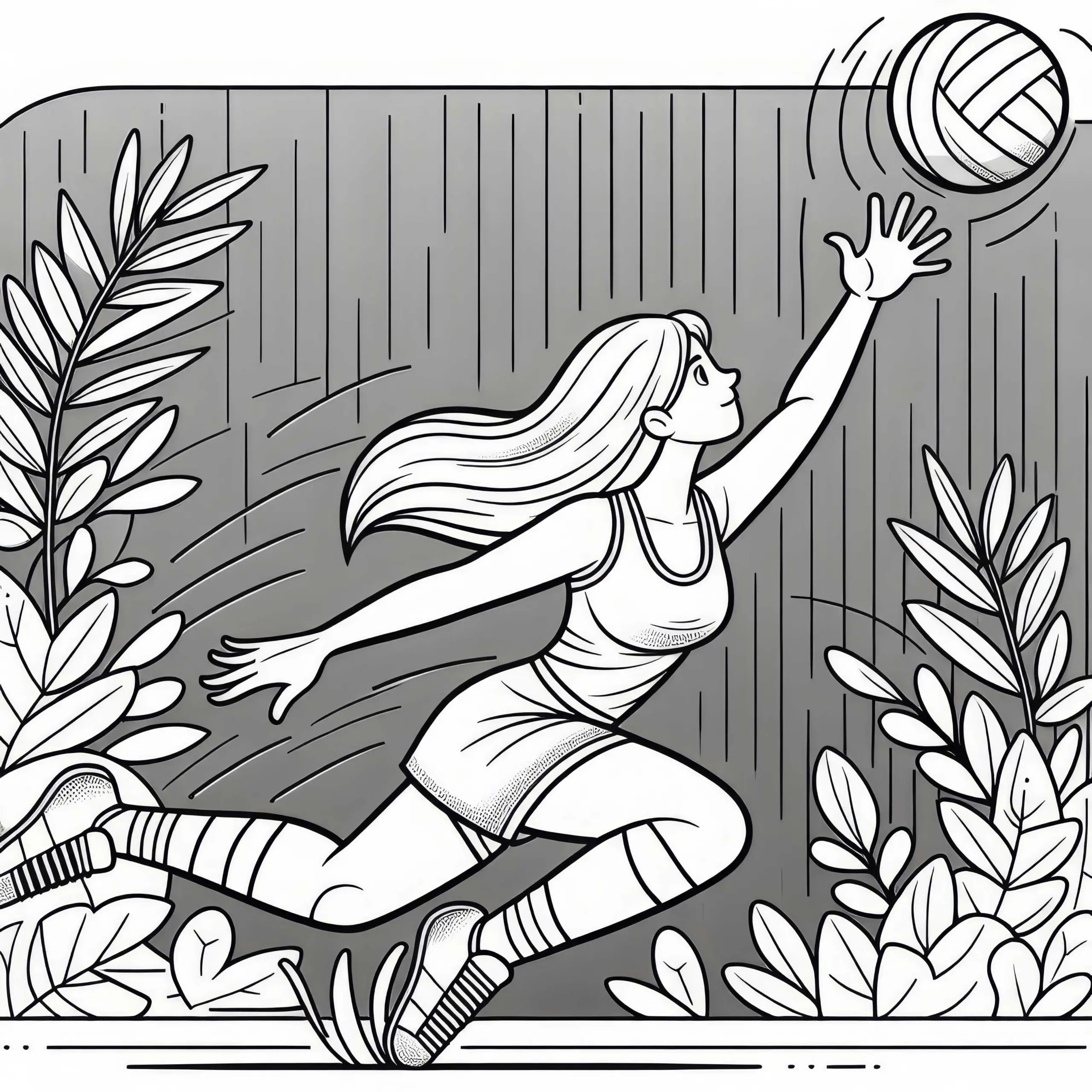 Korbball-Spielerin fängt hohen Pass – Malvorlage kostenlos (Ausmalbild)