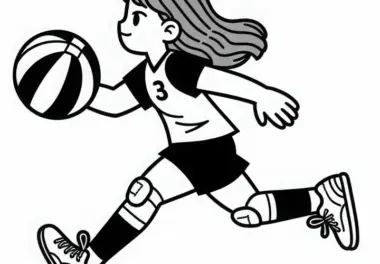 Korbballspielerin sprintet mit Ball – Ausmalbild kostenlos