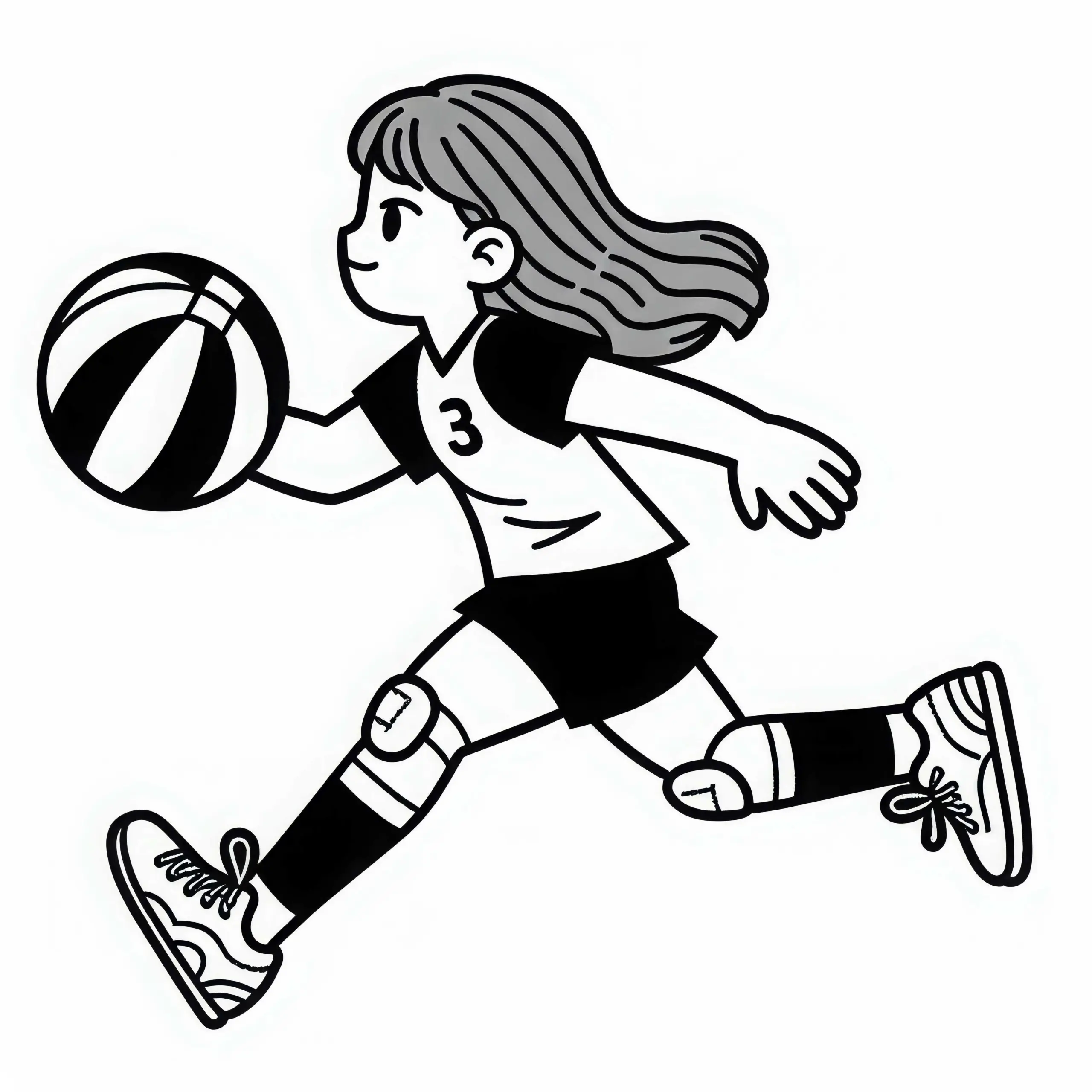 Korbballspielerin sprintet mit Ball – Ausmalbild kostenlos