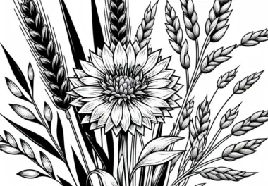 Ausmalbild einer Kornblume zwischen Getreideähren – Kostenlose Sommerblume zum Ausmalen