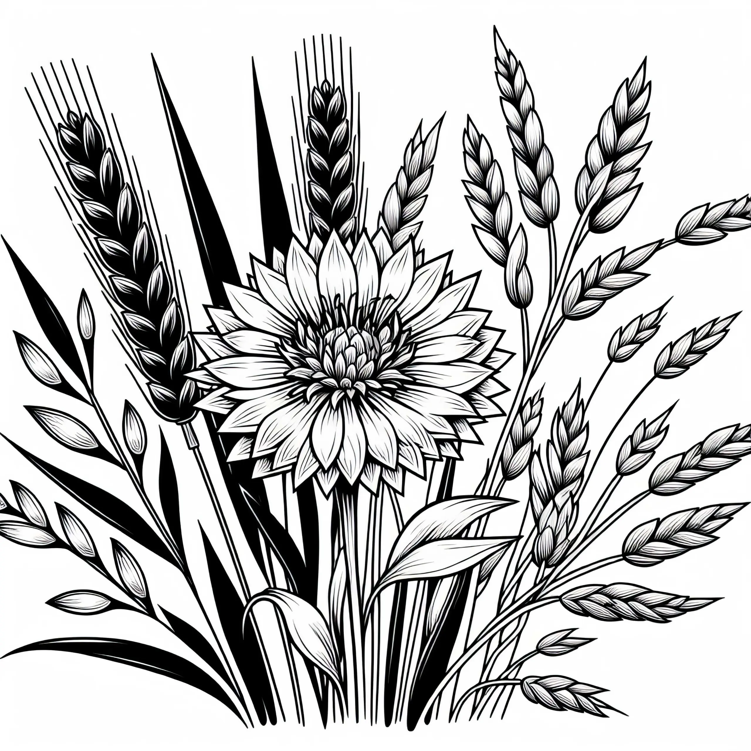 Ausmalbild einer Kornblume zwischen Getreideähren – Kostenlose Sommerblume zum Ausmalen