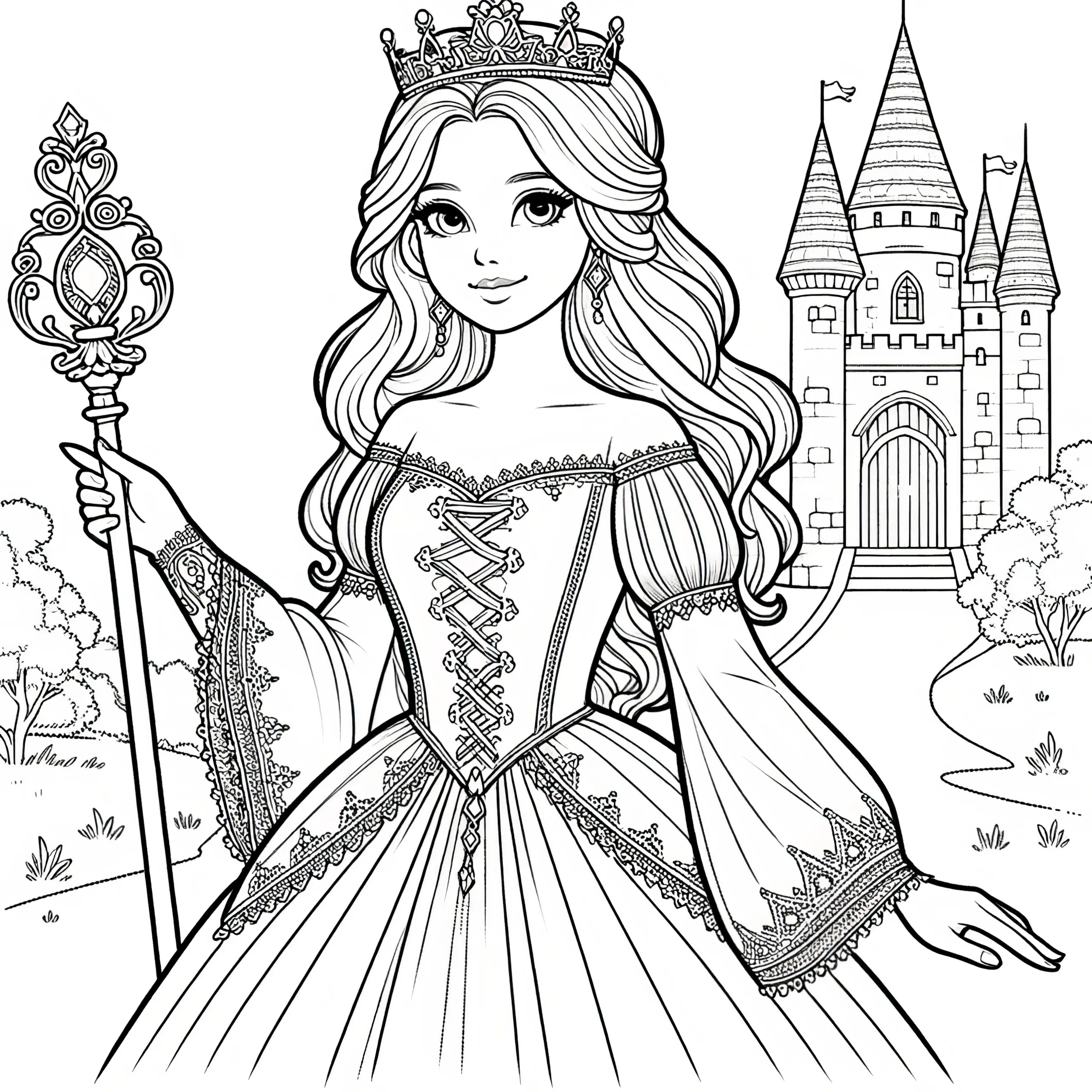 Kostenlos: Prinzessin mit Zepter vor ihrem Schloss (Ausmalbild)