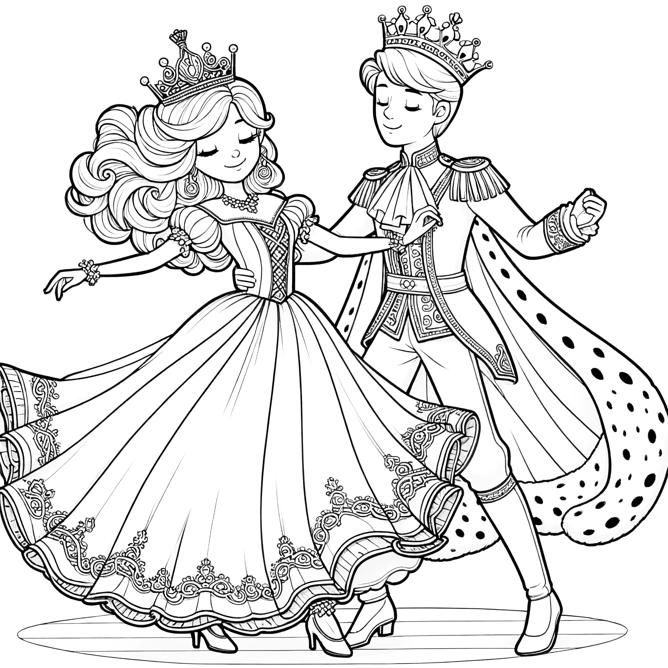 Kostenlose Malvorlage: Hübsche Prinzessin tanzt mit charmanten Prinzen (Ausmalbild)