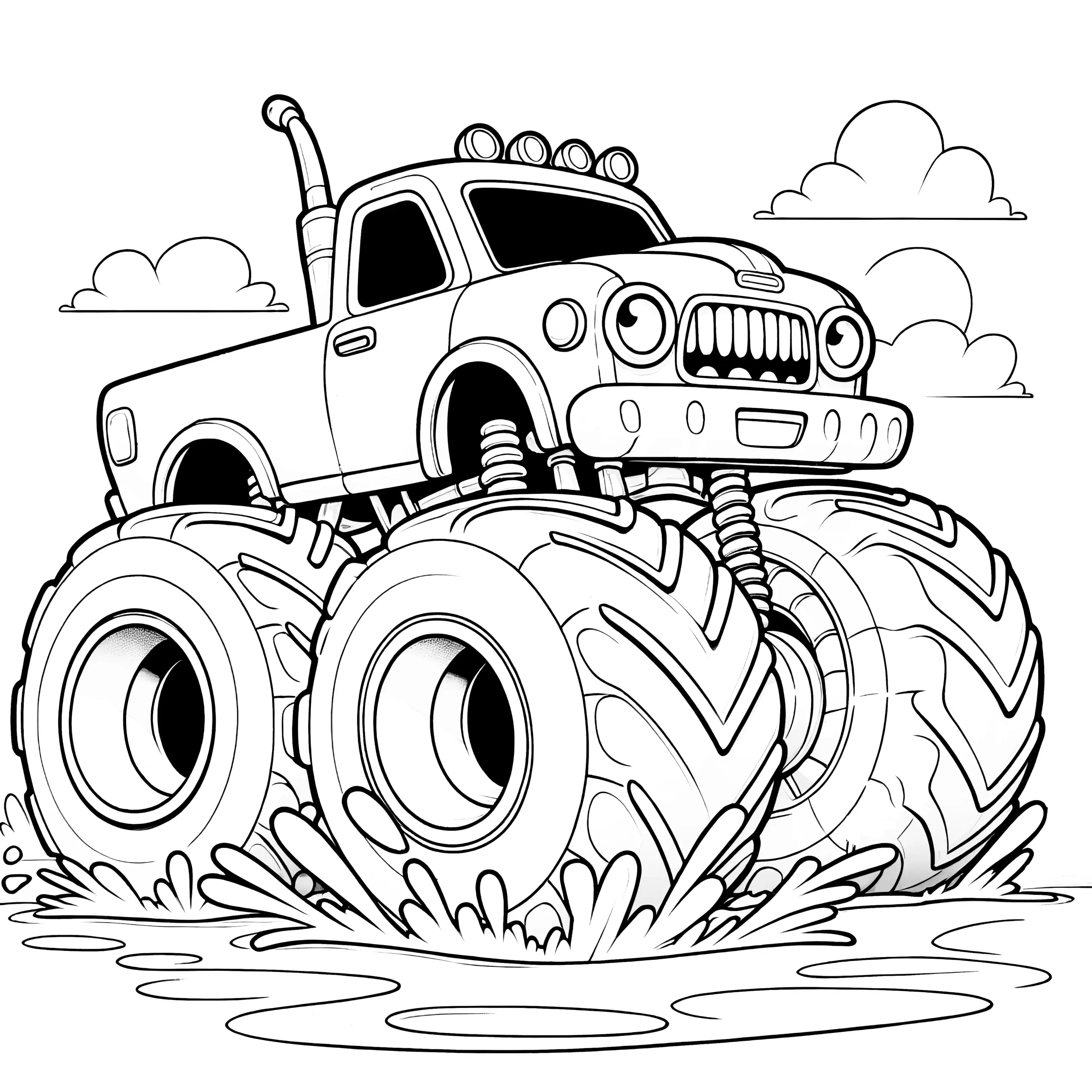 Kostenloses Ausmalbild: Monstertruck mit Augen im Schlamm