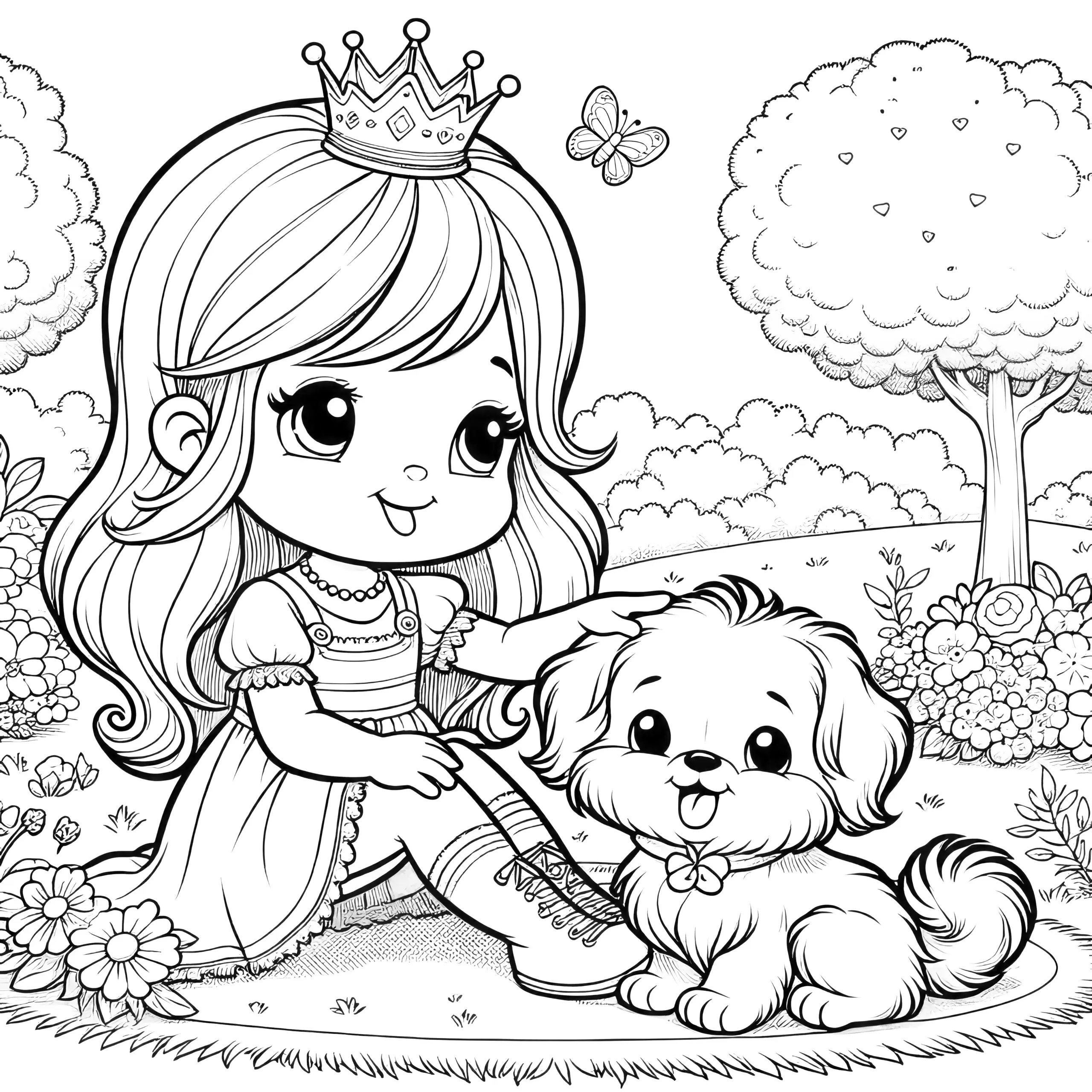Kostenloses Ausmalbild: Prinzessin mit Hündchen in idyllischer Landschaft