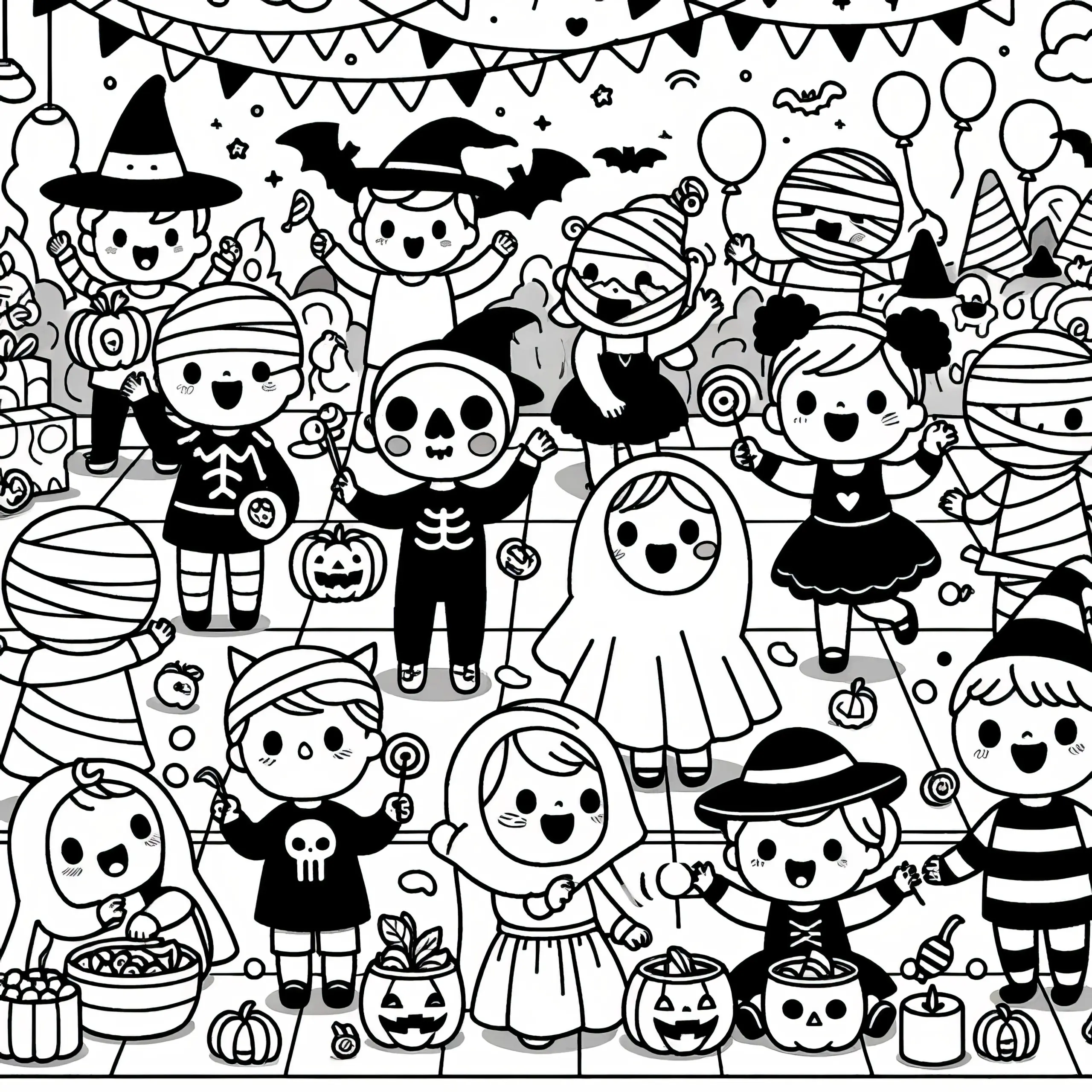 Kostümparty zu Halloween: Bild zum Ausdrucken und Ausmalen (Kostenlos) (Ausmalbild)