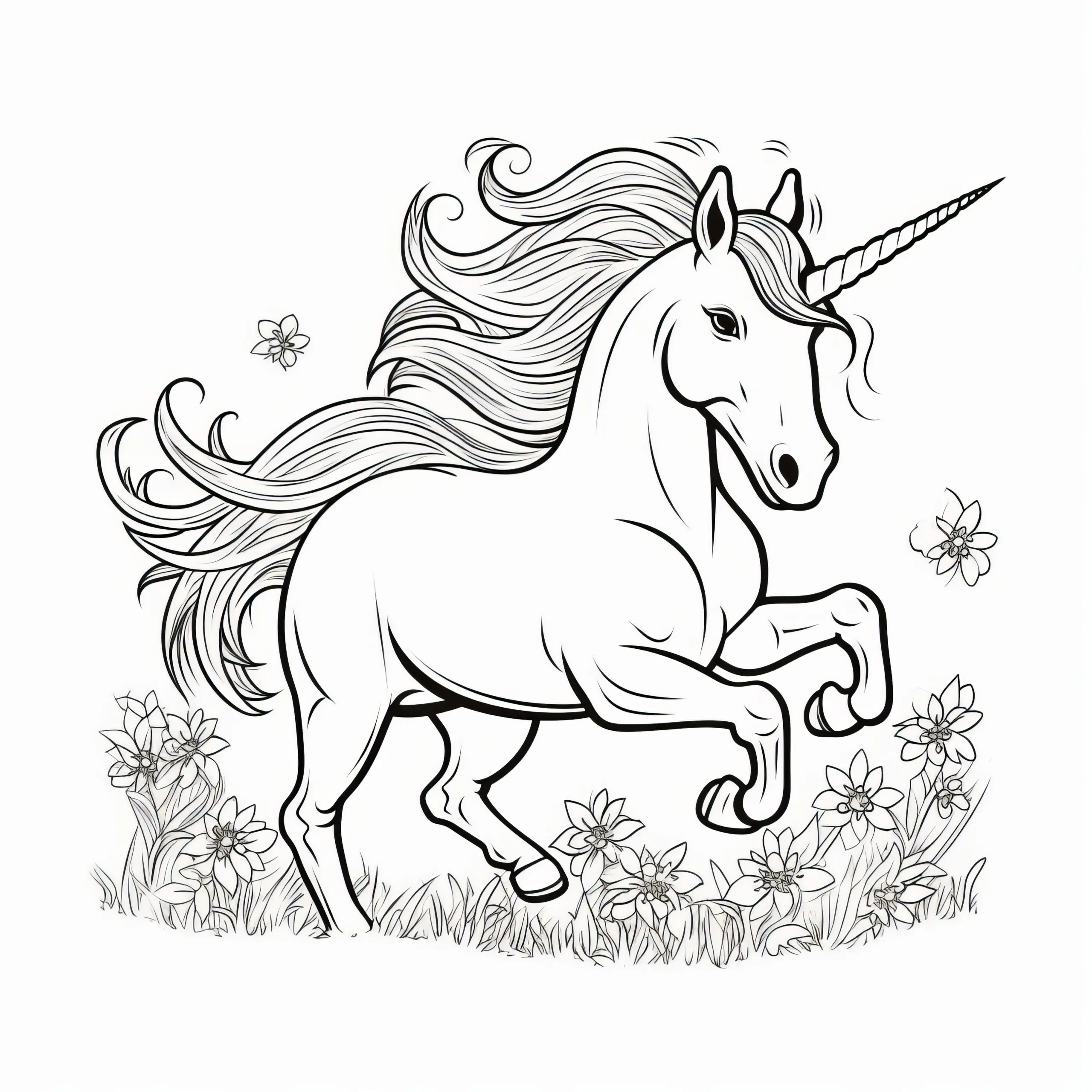 Kräftiges Einhorn galoppiert über Blumenwiese: Bild zum Ausmalen kostenlos (Ausmalbild)