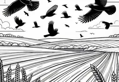 Krähen fliegen über frisch gepflügtes Feld – Malvorlage gratis