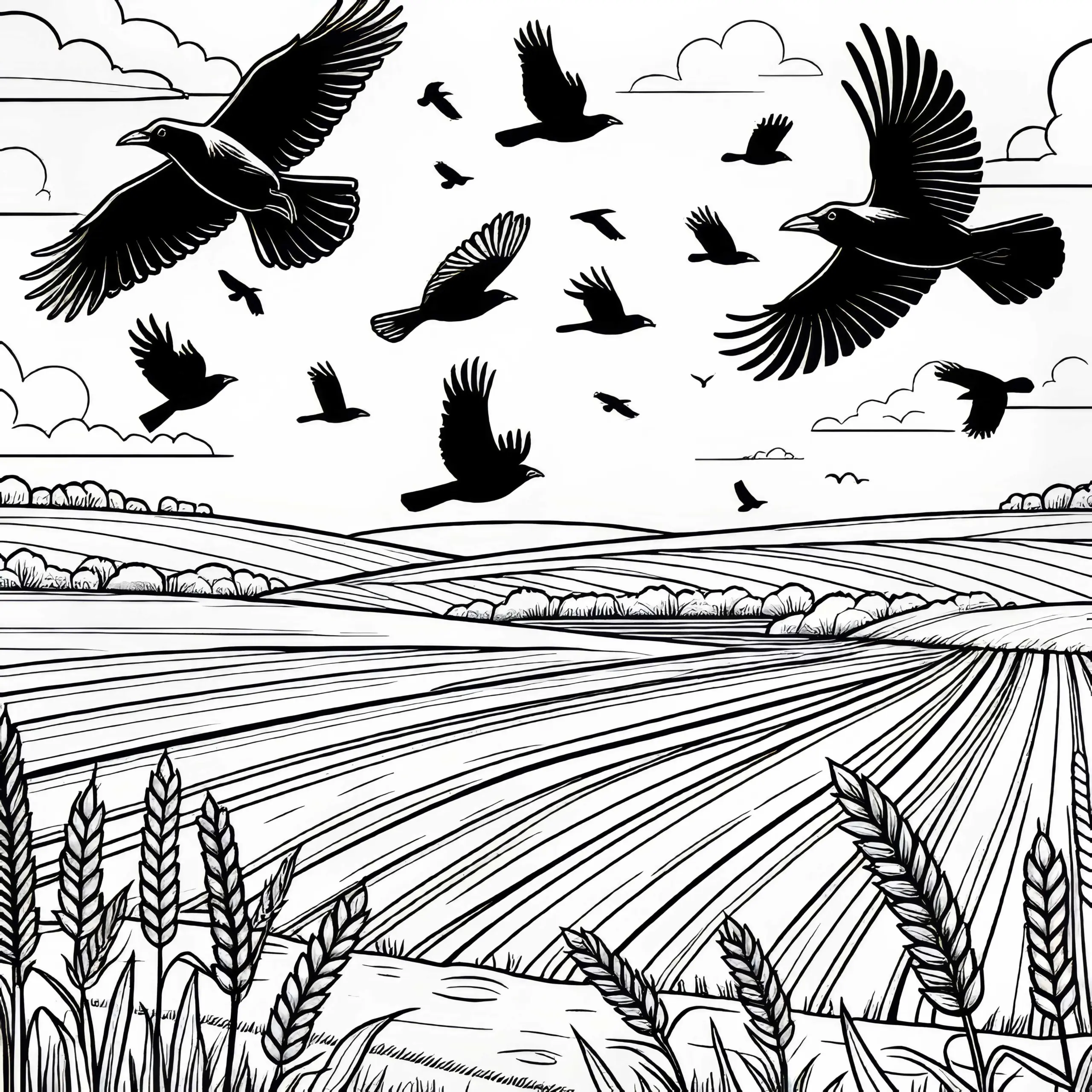 Krähen fliegen über frisch gepflügtes Feld – Malvorlage gratis (Ausmalbild)