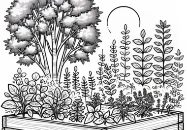 Kräuter wachsen im Hochbeet – Malvorlage für den Kräutergarten kostenlos